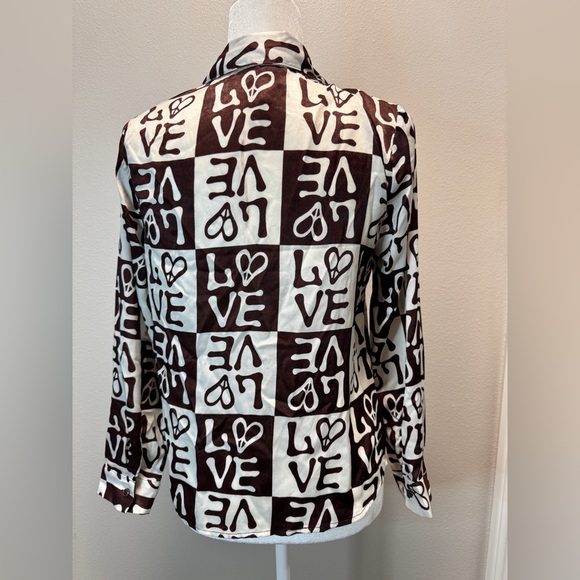 NWT Rabbit Rose Button Up Blouse Womens Medium White Brown Checkered LOVE - Picture 4 of 9